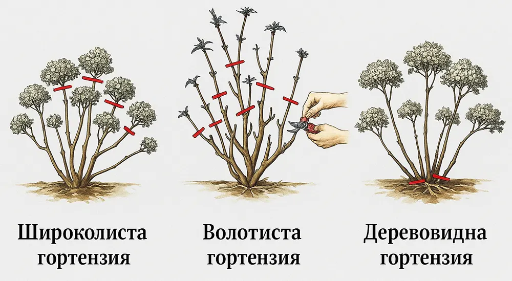 Схеми обрізки широколистої волотистої та деревовидної гортензії для цвітіння