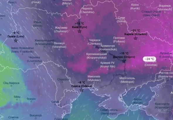 Мапа України з температурами до -24°C у Харкові під час похолодання