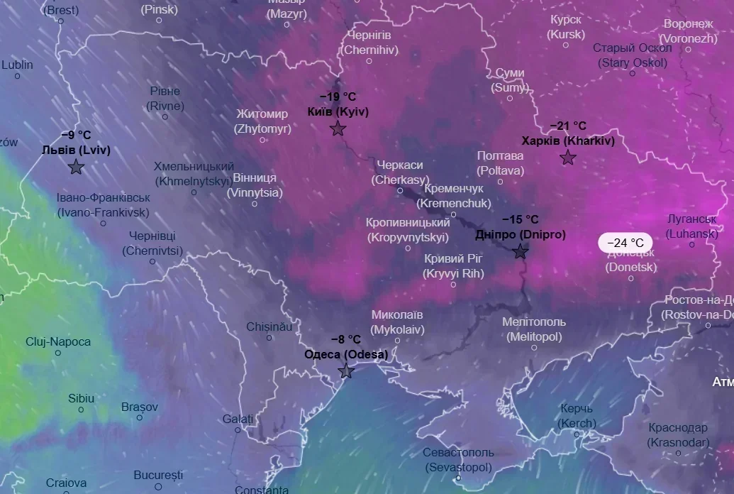Мапа України з температурами до -24°C у Харкові під час похолодання