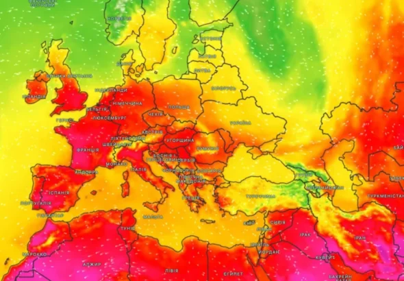 Карта температур Європи з червоними зонами спеки понад +40°C
