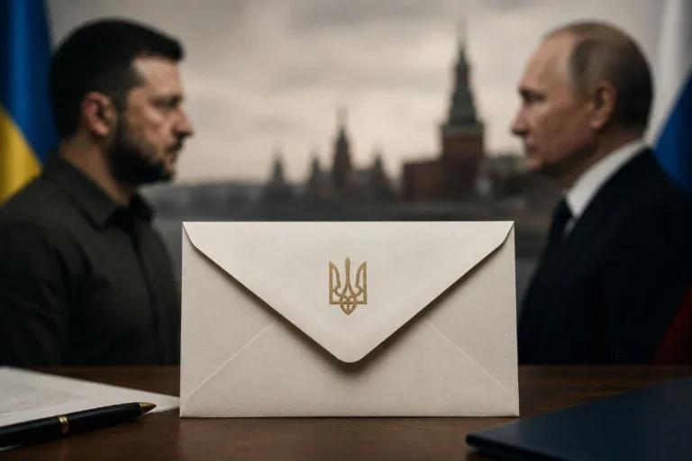 Конверт із тризубом між Зеленським і Путіним на тлі Кремля