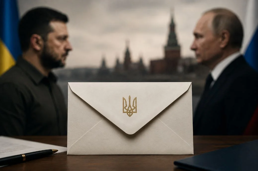 Конверт із тризубом між Зеленським і Путіним на тлі Кремля