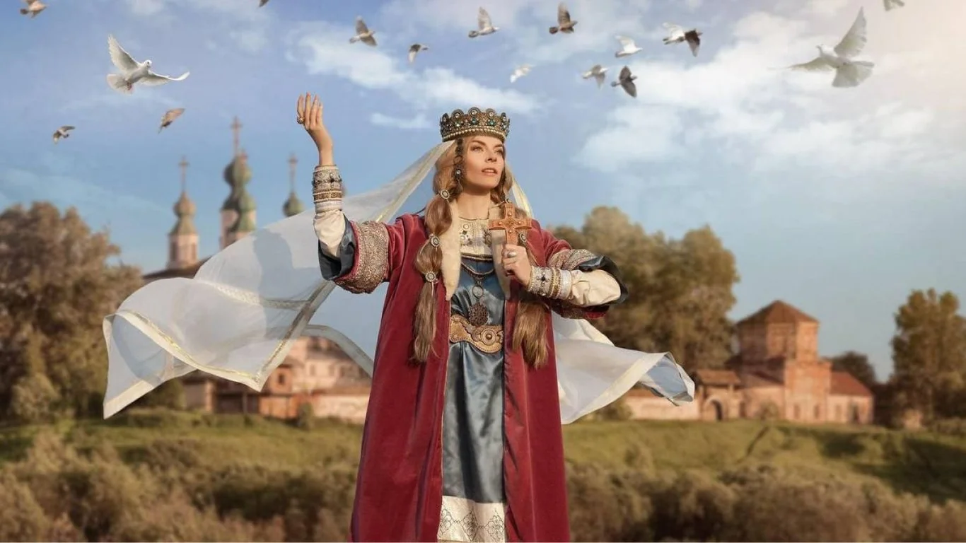 Княгиня Ольга з хрестом серед голубів біля храмів Києва