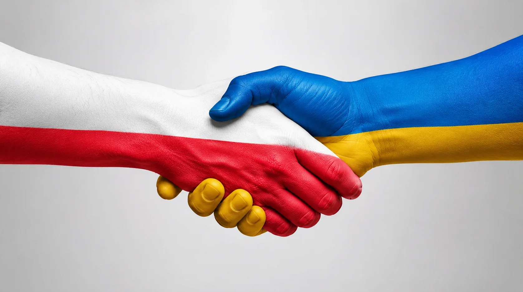 Рукостискання рук у кольорах прапорів України та Польщі як символ примирення