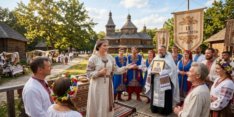Священик благословляє вірян у вишиванках на День княгині Ольги 11 липня 2026