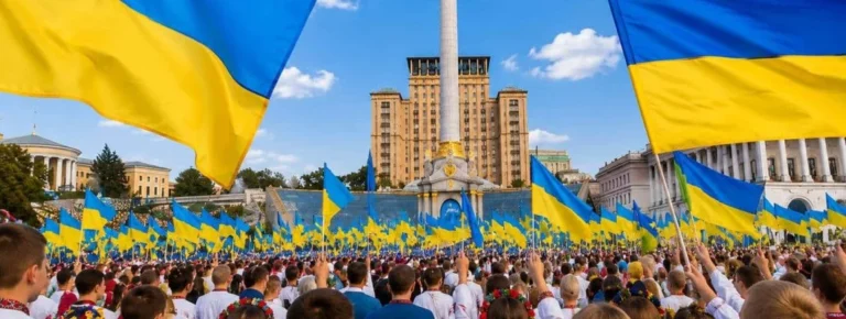 Українці з прапорами святкують День Незалежності 24 серпня біля монумента в Києві