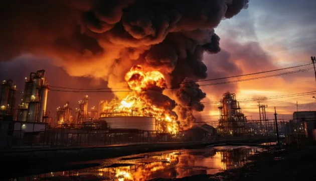 Пожежа на Омському нафтопереробному заводі після атаки дронів