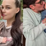 Юлія Сахневич з однорічною донькою Марійкою на прогулянці та Позитив цілує доньку Марійку в сімейному моменті