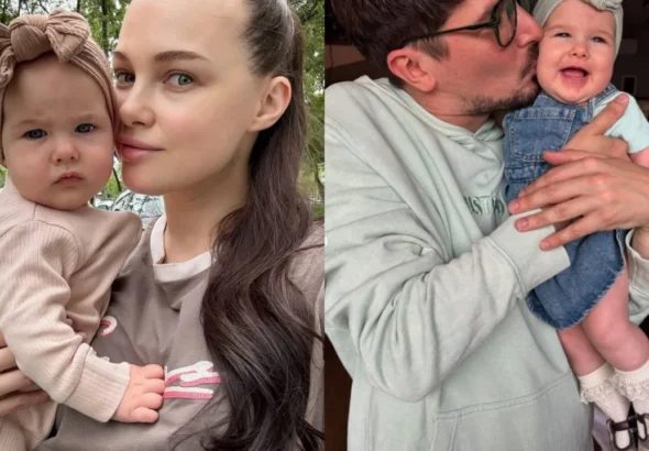 Юлія Сахневич з однорічною донькою Марійкою на прогулянці та Позитив цілує доньку Марійку в сімейному моменті