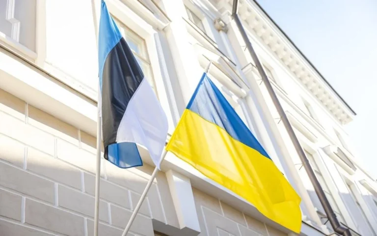Прапори Естонії та України перед будівлею уряду в Таллінні