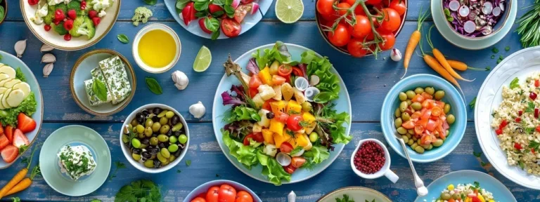 Різноманітні продукти з флавоноїдами: овочеві салати, фрукти та горіхи на столі