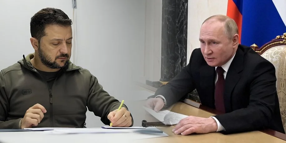 Зеленський і Путін за столом переговорів з документами