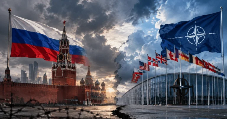 Прапори Росії біля Кремля та НАТО на тлі штаб-квартири Альянсу
