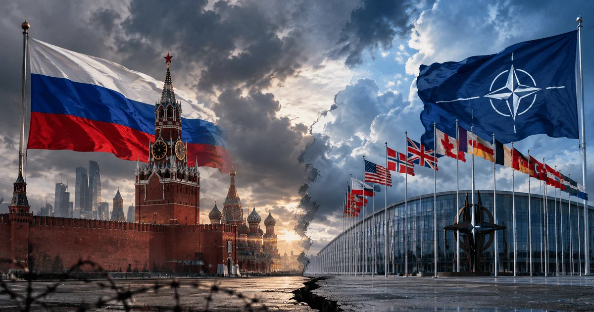 Прапори Росії біля Кремля та НАТО на тлі штаб-квартири Альянсу