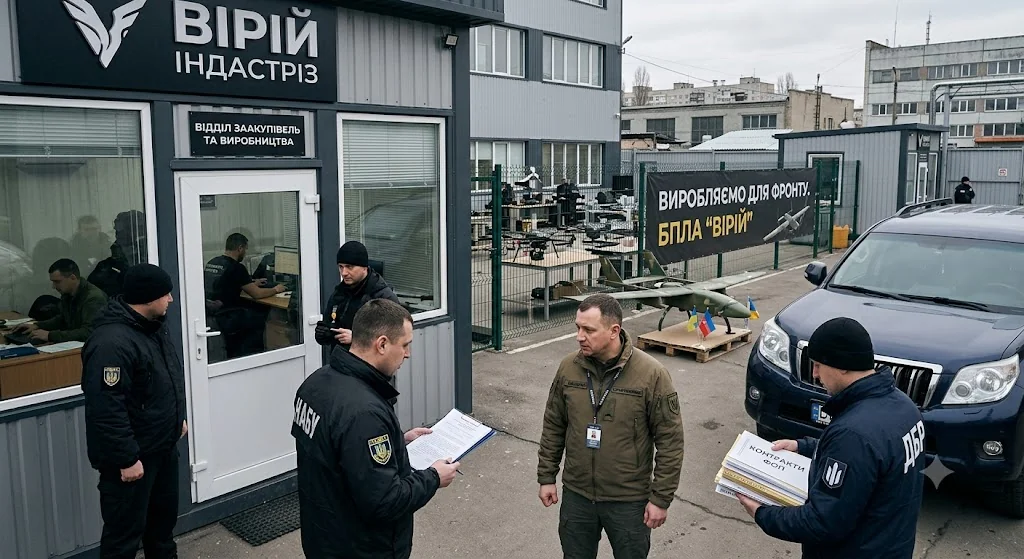 Правоохранители во время обыска на предприятии Vyriy Industries с FPV-дроном