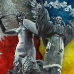 Статуї Польщі та України на тлі прапорів двох країн