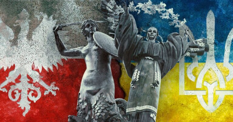 Статуї Польщі та України на тлі прапорів двох країн
