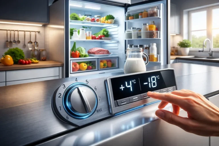 Рука налаштовує регулятор температури холодильника з дисплеєм +4°C та -18°C