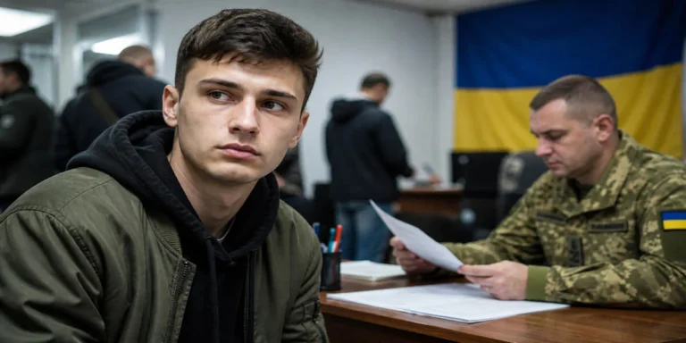 Молодий чоловік і військовий з документами на тлі прапора України