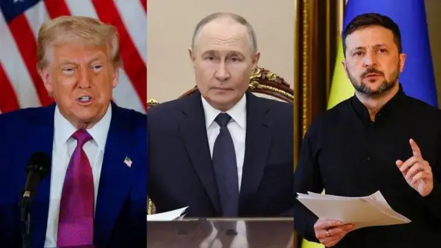 Дональд Трамп, Володимир Путін та Володимир Зеленський на тлі прапорів США й України