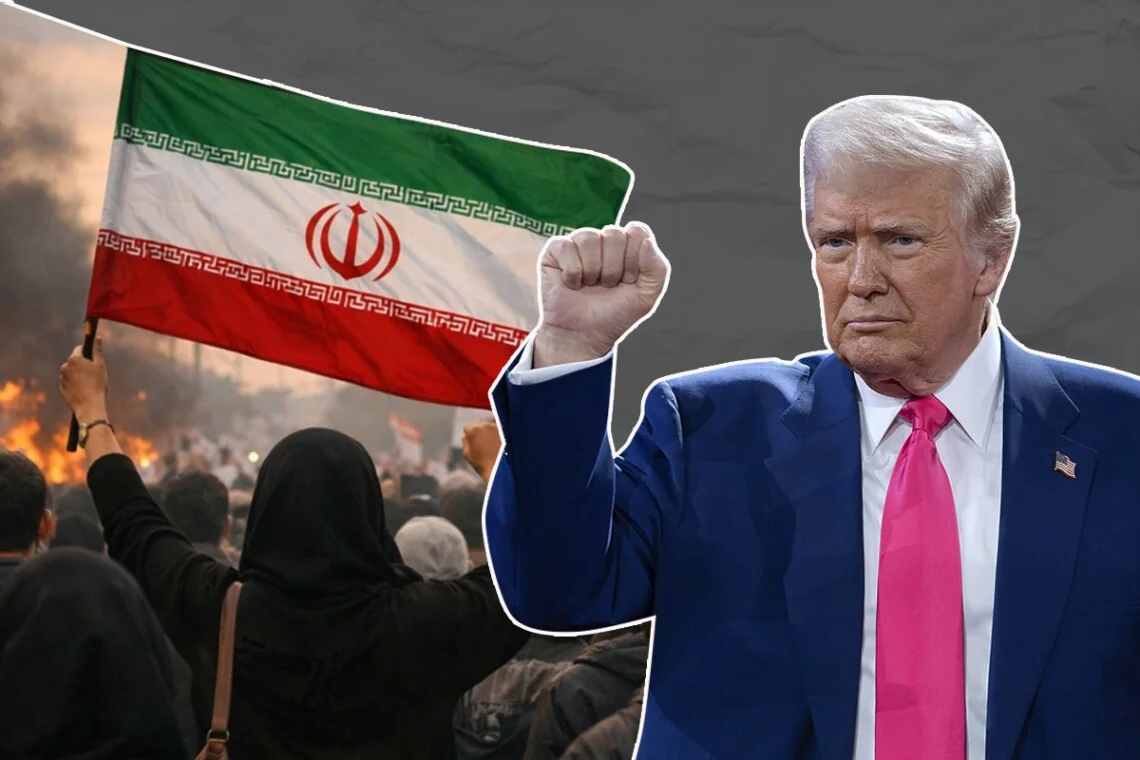 Дональд Трамп з піднятим кулаком на тлі прапора Ірану та протестів