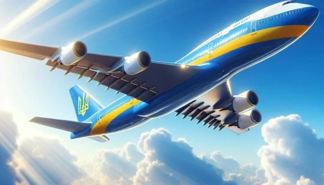 Український пасажирський літак у небі з гербом на хвості