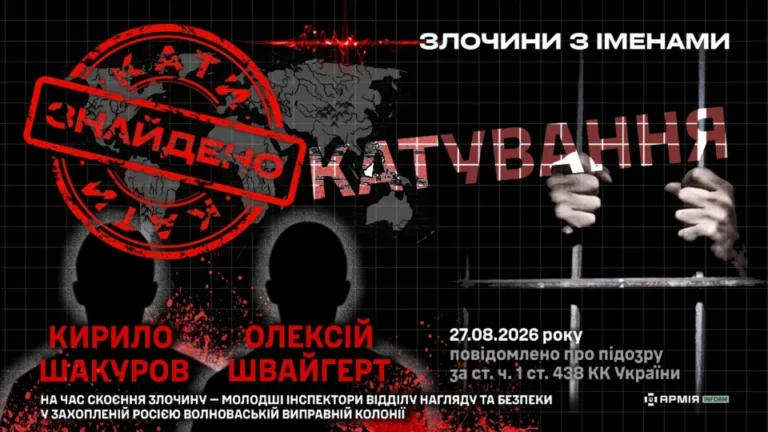 Графічний плакат із силуетами двох наглядачів, руками за ґратами та написом про катування