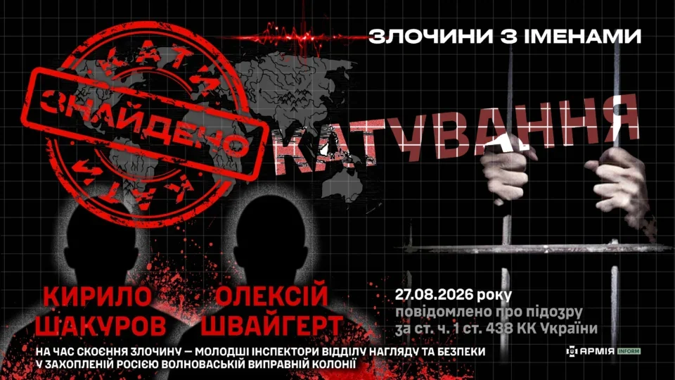 Графічний плакат із силуетами двох наглядачів, руками за ґратами та написом про катування