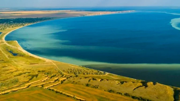 Панорамний аерознімок Кінбурнської коси з піщаним берегом, полями та синьою водою