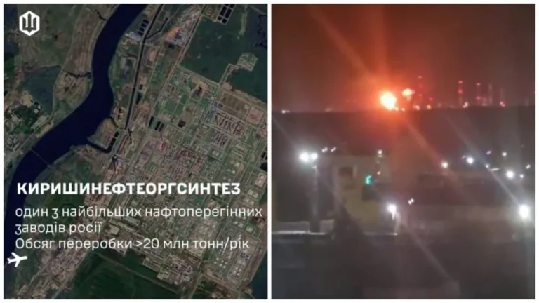 Супутниковий знімок Киришського НПЗ ліворуч і нічне фото пожежі на заводі праворуч