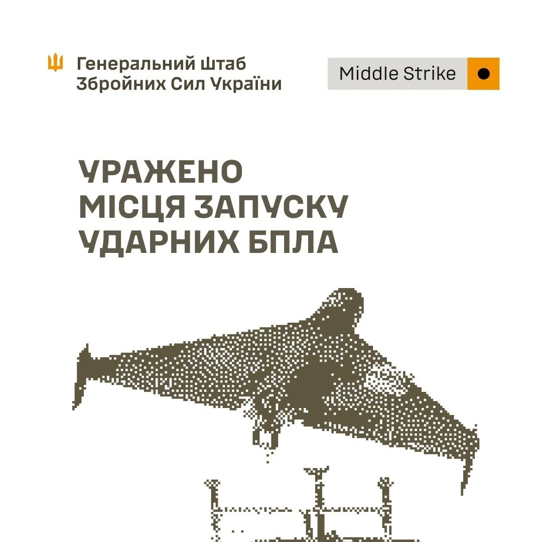 Інфографіка Генштабу ЗСУ про ураження місць запуску ударних БПЛА з силуетом дрона
