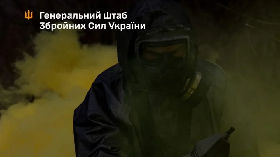 Військовий у костюмі РХБ захисту з протигазом серед жовтого диму