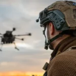 Військовий у шоломі дивиться на багатороторний дрон на тлі заходу сонця