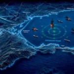 Стилізована карта Азовського моря з палаючими кораблями, прицілом і літаком