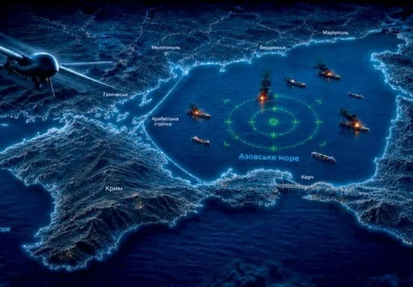 Стилізована карта Азовського моря з палаючими кораблями, прицілом і літаком