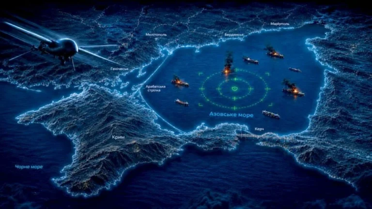 Стилізована карта Азовського моря з палаючими кораблями, прицілом і літаком