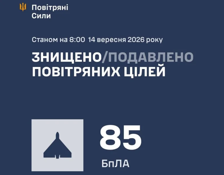 Інфографіка Повітряних сил: знищено або подавлено 85 БпЛА станом на 8:00 14 вересня