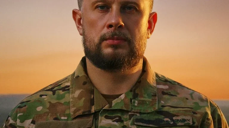 Бородатий військовий у камуфляжі ЗСУ на тлі заходу сонця