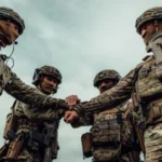 Військові в камуфляжі та шоломах тиснуть руки в колі під хмарним небом