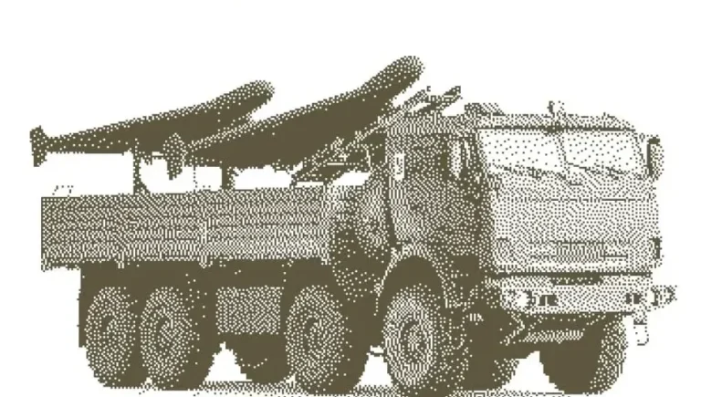 Стилізована ілюстрація восьмиколісної військової вантажівки з двома крилатими ракетами