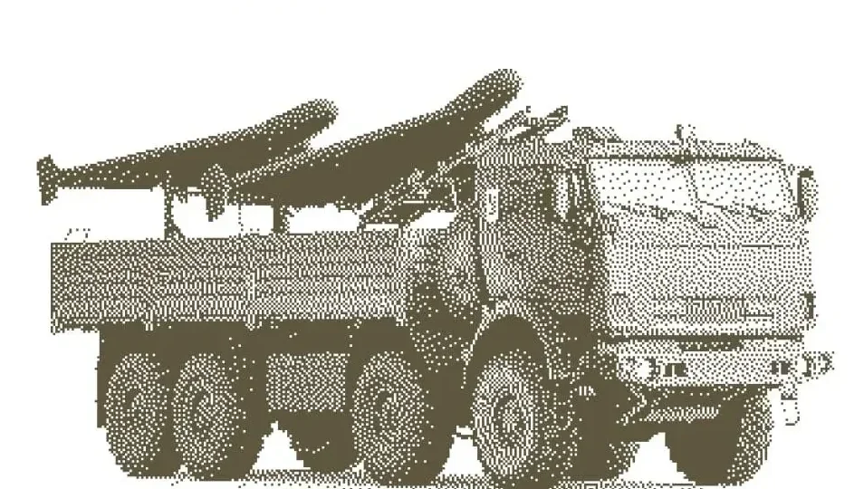 Стилізована ілюстрація восьмиколісної військової вантажівки з двома крилатими ракетами